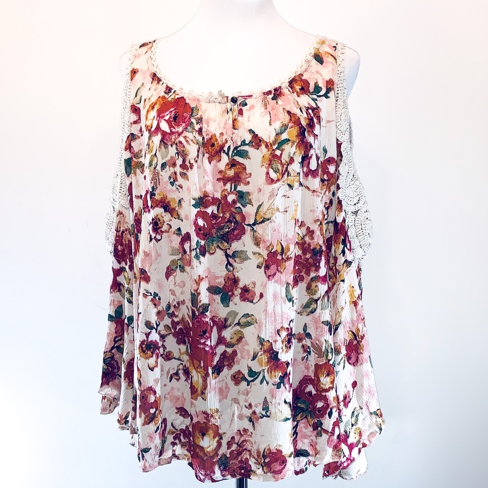 {Soft Surroundings} Cold Shoulder Floral Blouse Sz